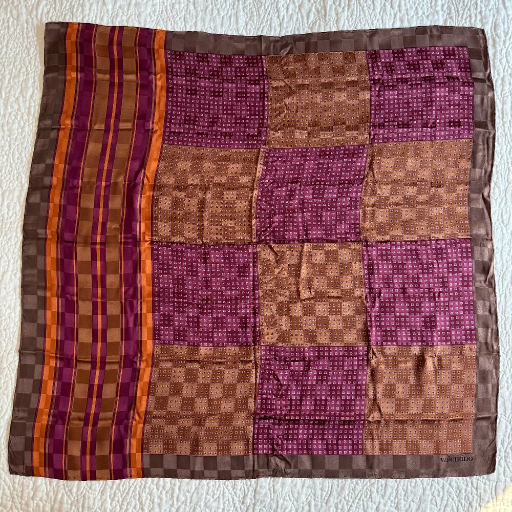 Valentino Silk Square Scarf Brown Plum Check & Stripe Pattern 33”